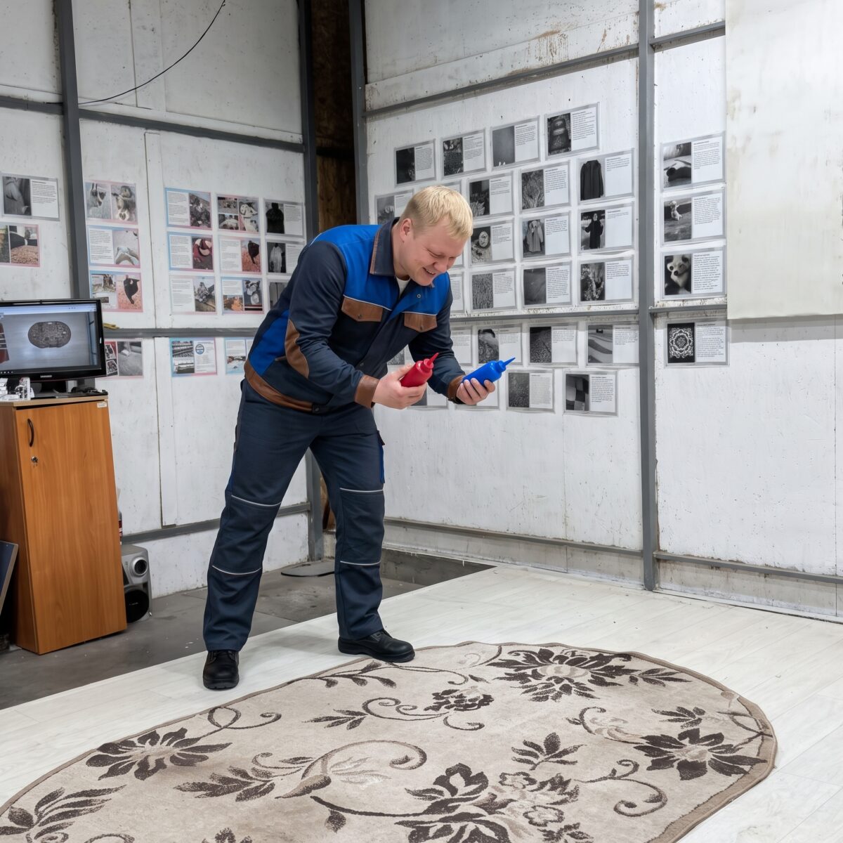 Обработка ковра с рисунком роторной машиной